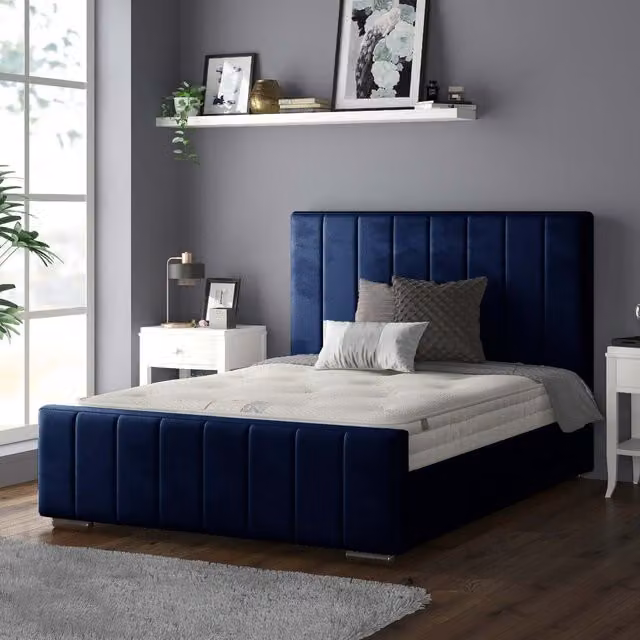 IH Design Modern Upholstered Striped Velvet Bed Frame in Blue, W/D/H: 90 x 190 cm