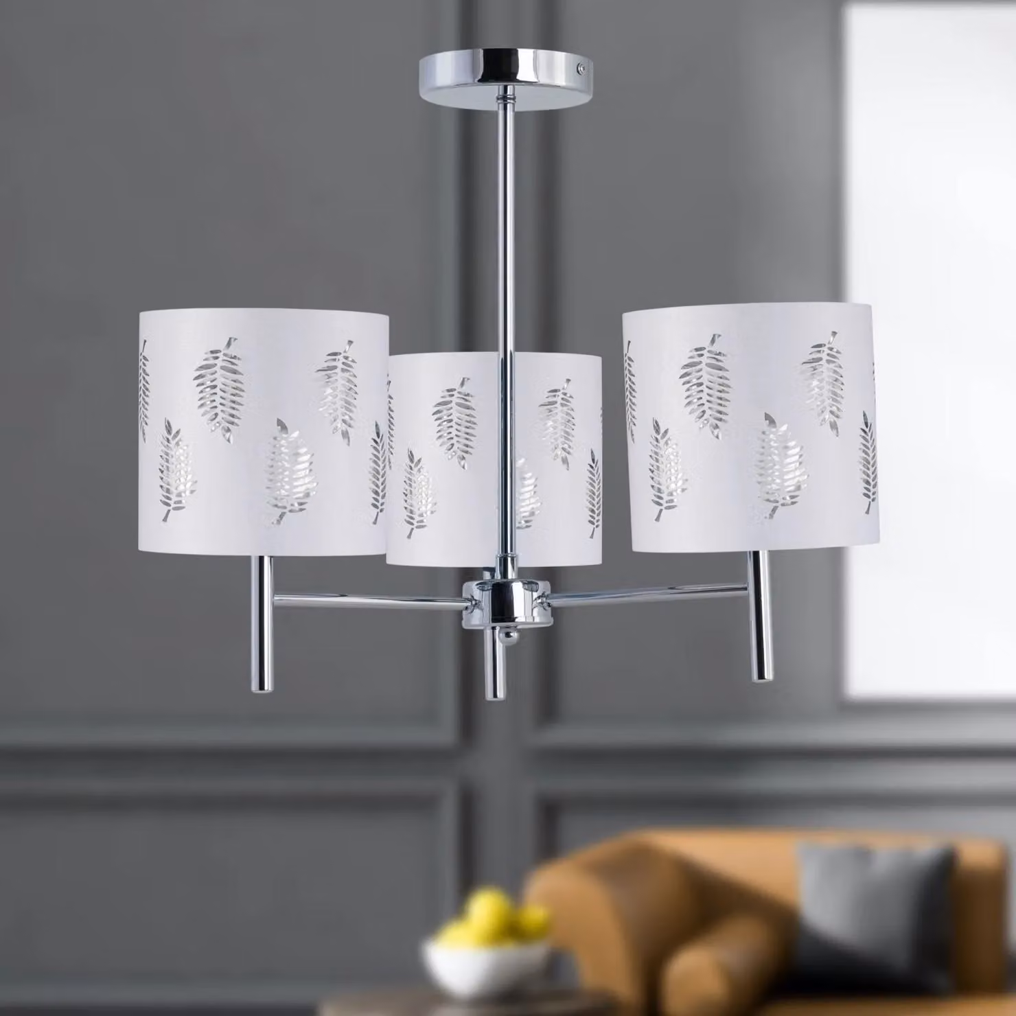 First Choice Lighting Brea Chrome 3 Light Ceiling Fitting with White Fabric Shades – 3
