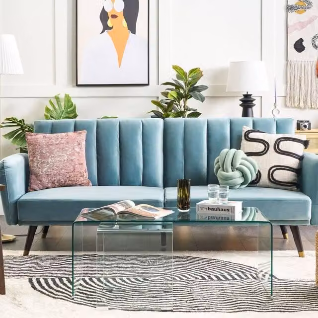 Wyld and Coco Modern Blue Velvet Click Clack Sofa Bed with Solid Wood Frame