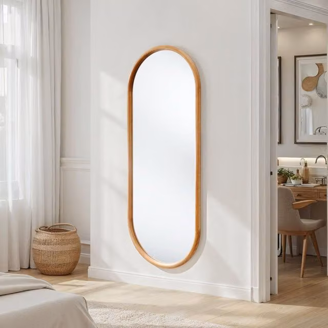 Yearn Minimalist Oval Full Length Wall Mirror in Brown Wood and Glass