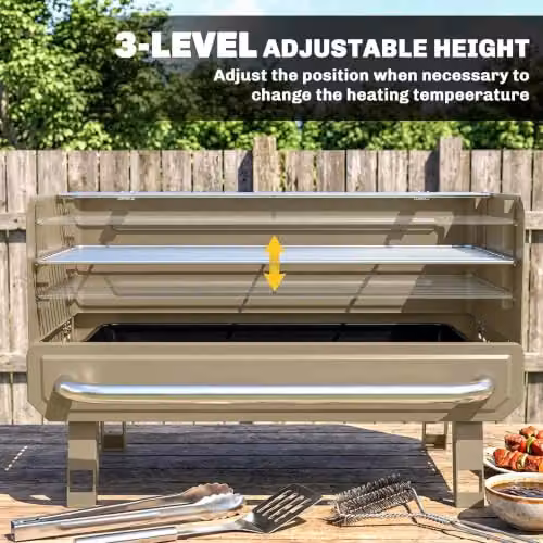 Outsunny Portable Charcoal Tabletop BBQ Grill with Warming Rack and Stainless Steel Grates, Beige – 4