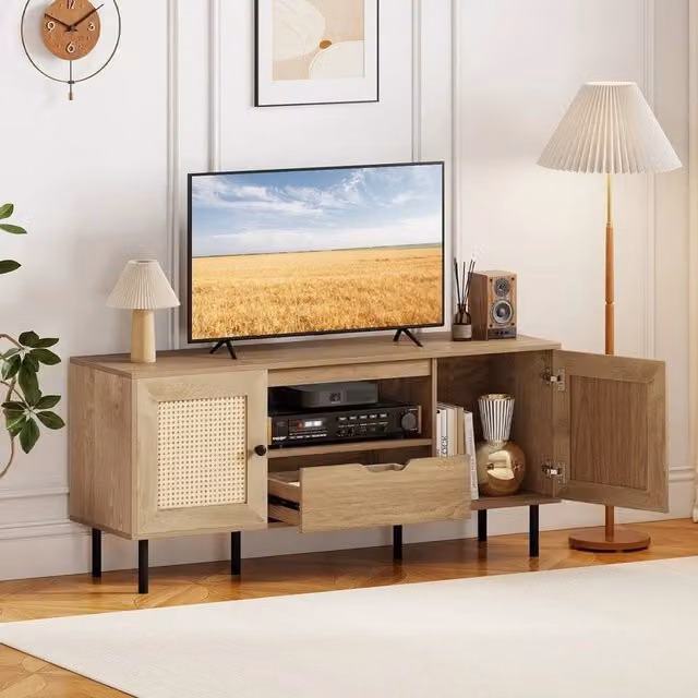 FORGEVIO Boho Rattan TV Stand in Brown for 60 Inch TVs with Media Compartments and Drawer, W/D/H: 149.8 x 96.5 x 38.0 cm – 1