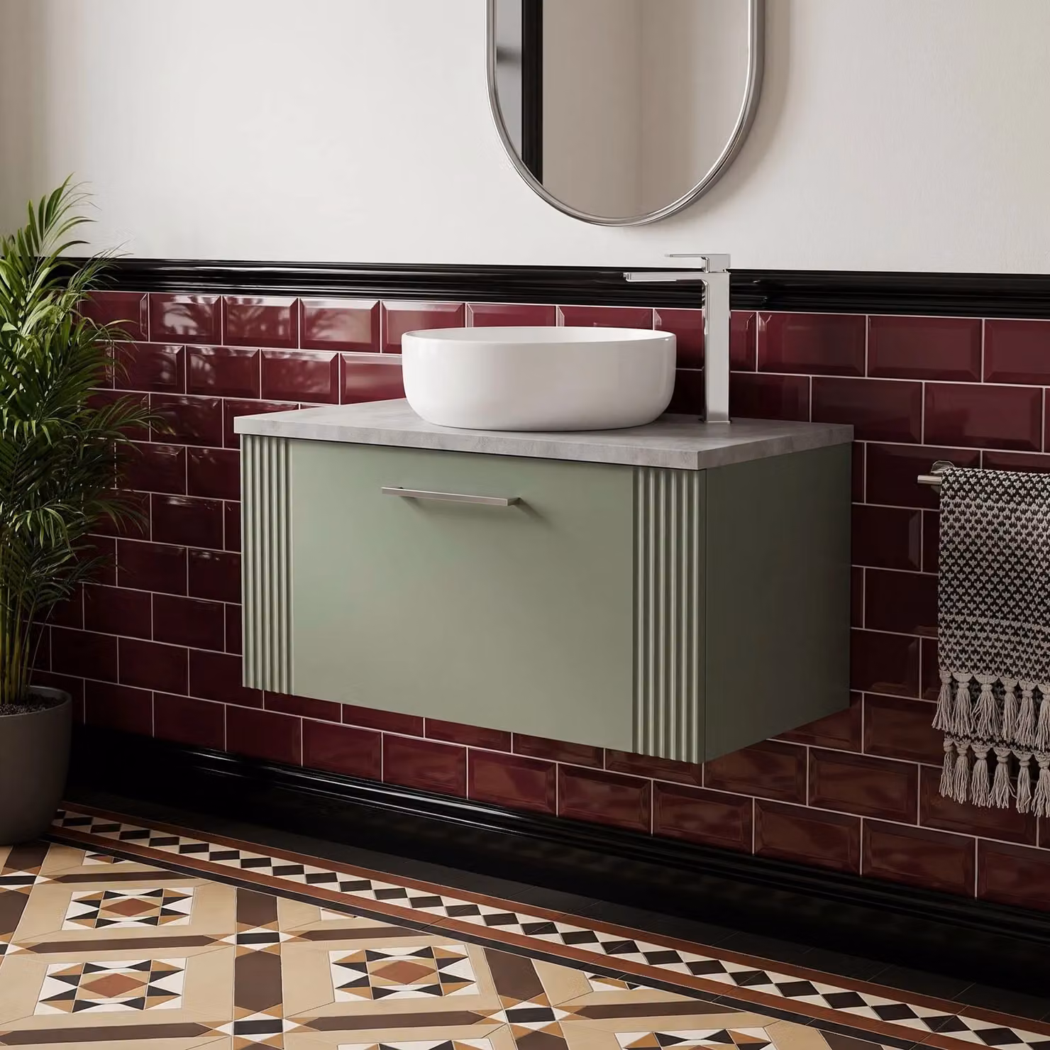Balterley Wall Hung Bathroom Vanity Unit with Single Soft Close Drawer and Laminated Worktop, Green and Bellato Grey, W/D/H: 805 x 390 x 381 mm – 2