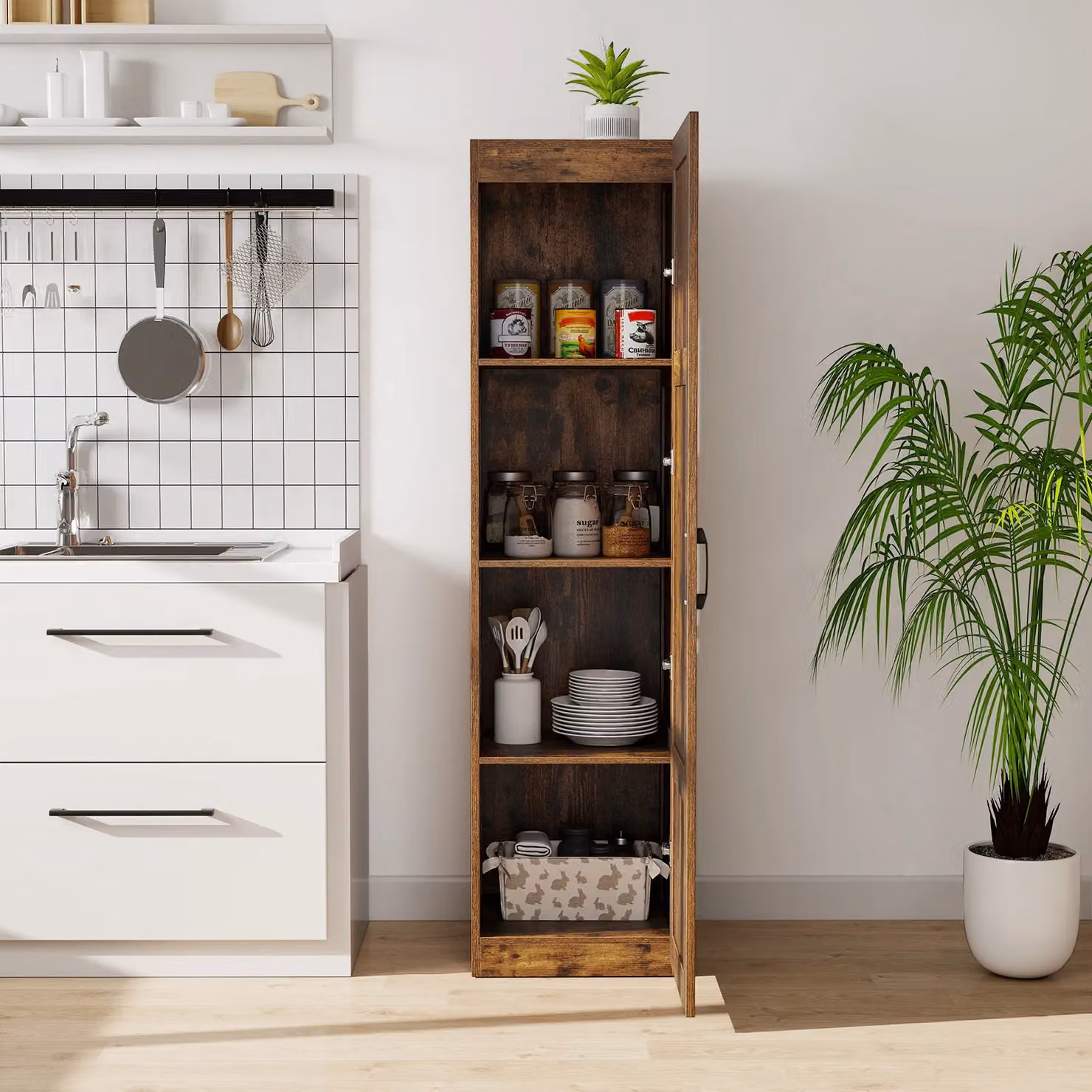 Costway 4-Tier Freestanding Tall Storage Cabinet in Brown with Hinged Doors, H 150 x W 40 x D 40 cm – 3