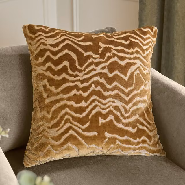 Tierra Cut Velvet Abstract Square Cushion in Gold and Brown Polyester