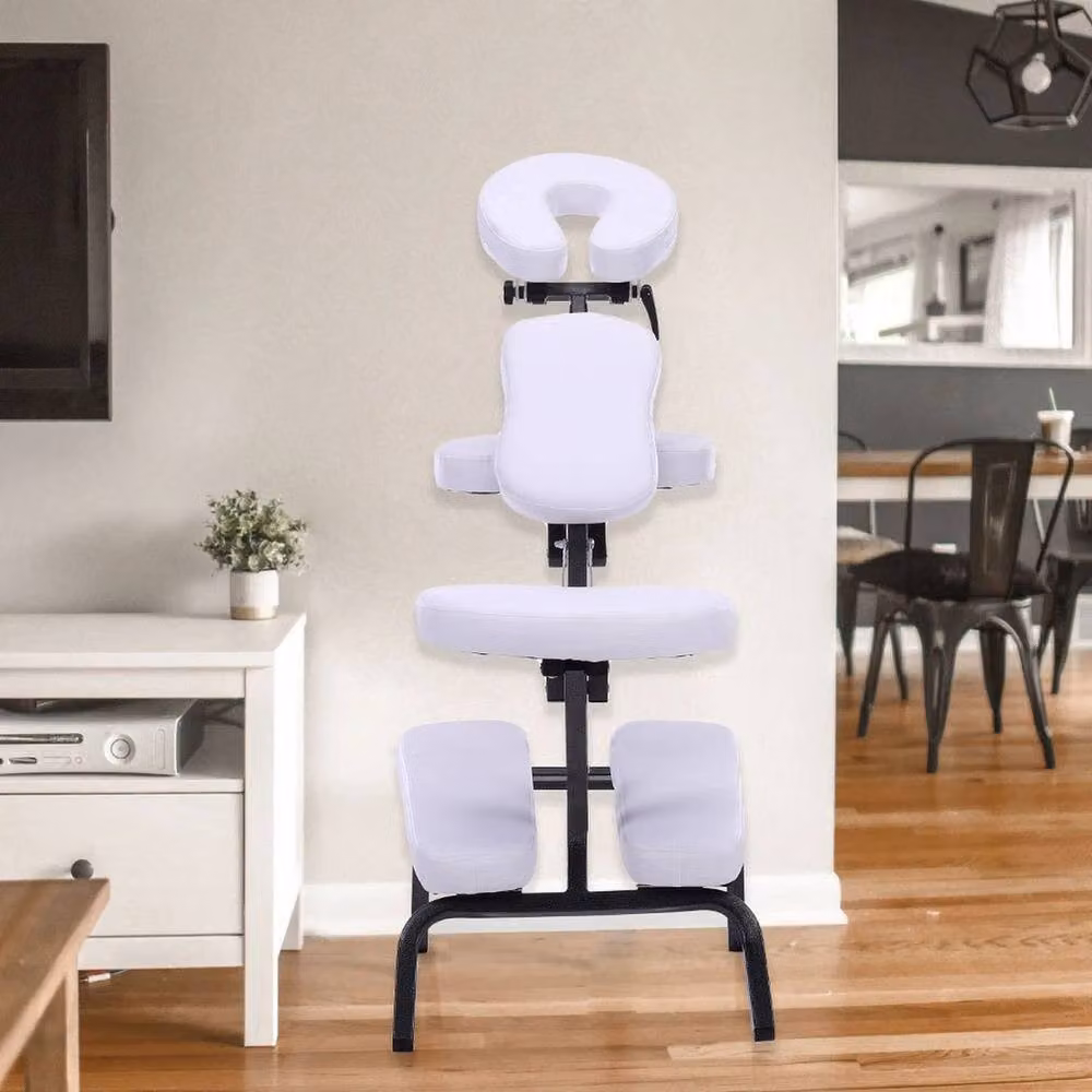VOGREX Adjustable Foldable Beauty Massage Chair in White with Armrests and Synthetic Leather – 3