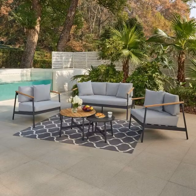 Home Detail Porta Aluminium Garden Conversation Set with Teak Wood Accents in Grey – 1