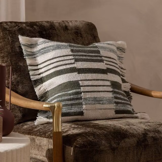 HOEM Torode Woven Green Striped Boho Square Cotton Cushion W/D/H: 45 x 45 x 45 cm – 1