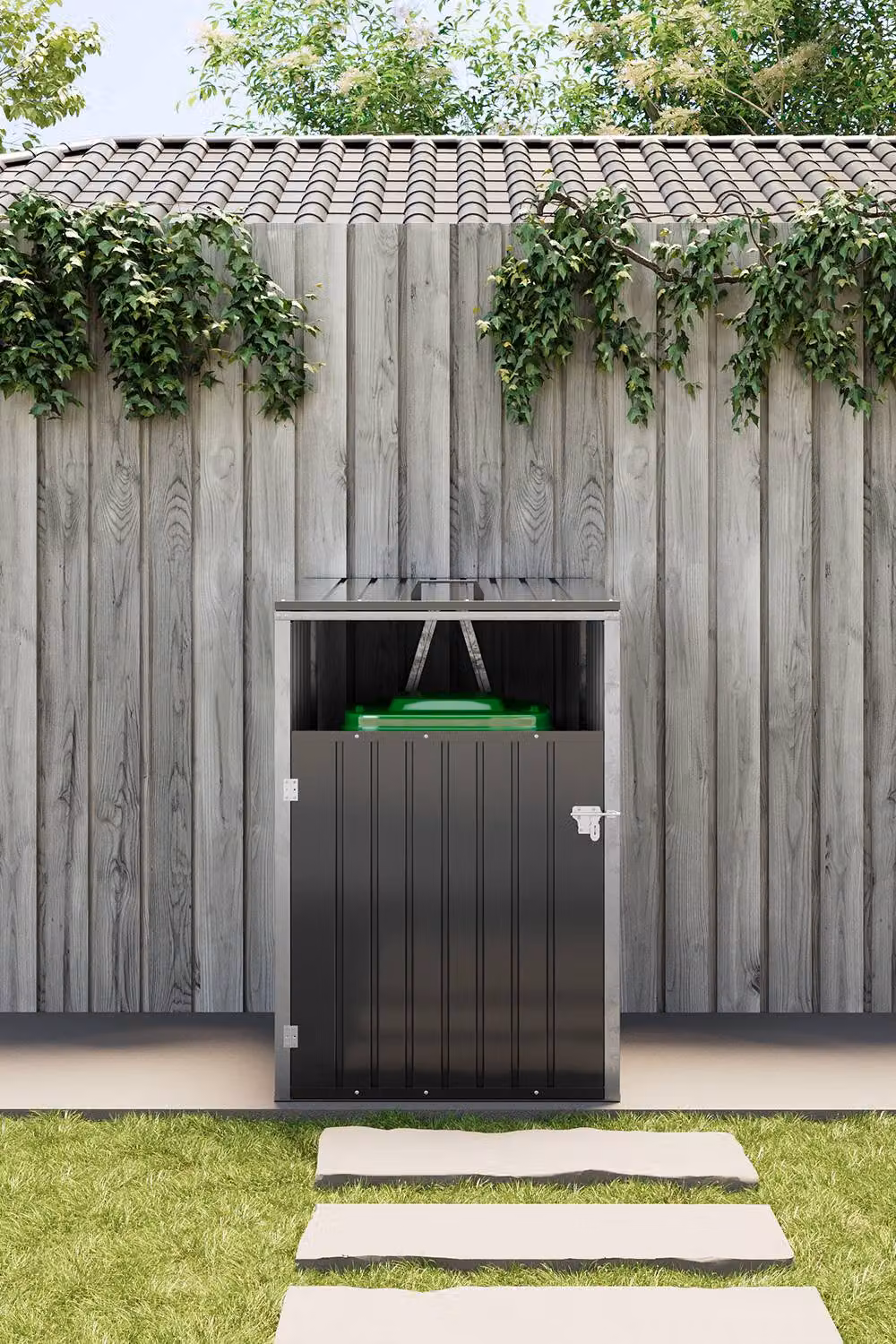 Living and Home Metal Outdoor Bin Store for 1 Trash Bin, Black, W/D/H: 122.0 x 80.0 x 81.5 cm – 2