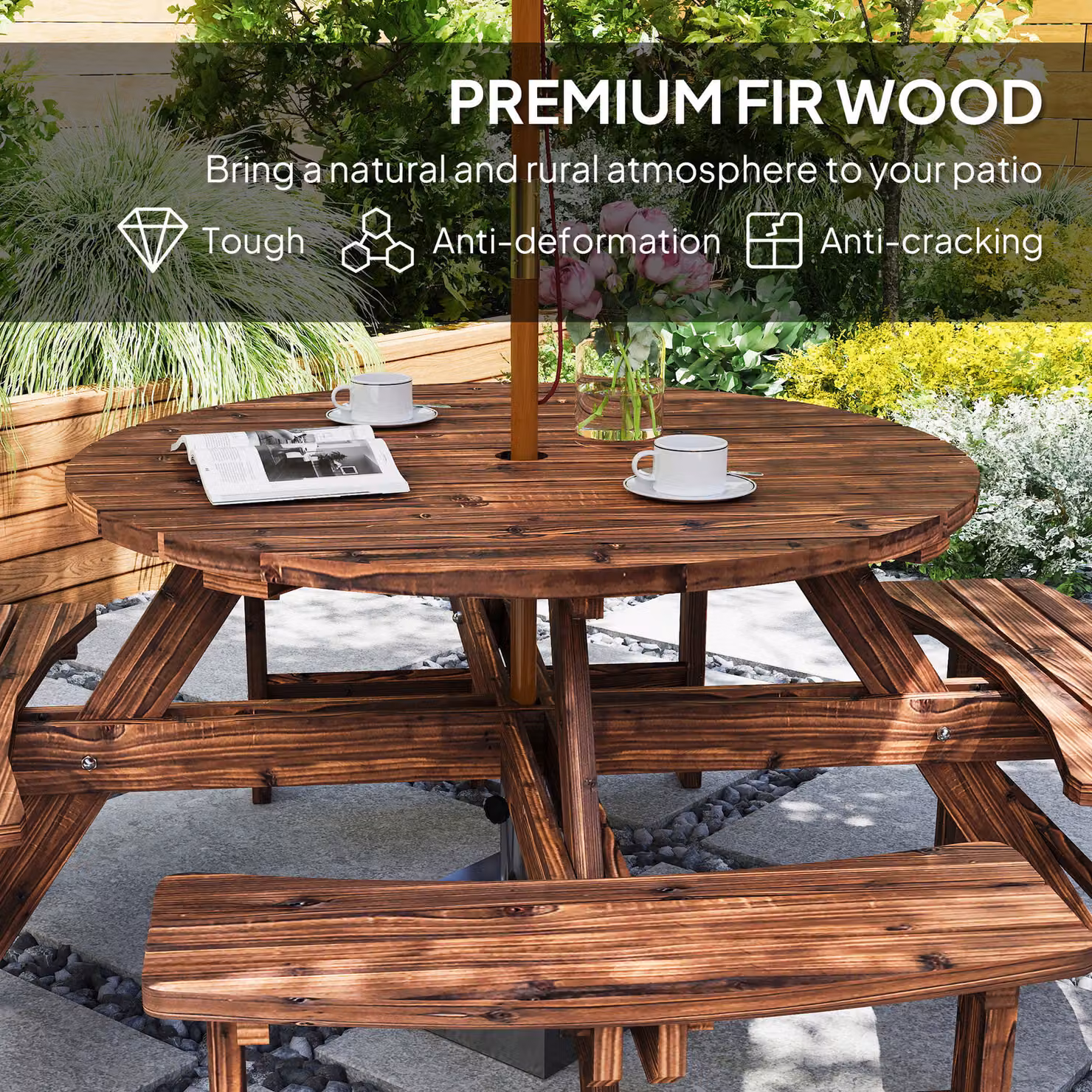 Outsunny 8 Seater Wooden Garden Dining Set with Round Picnic Table and Parasol Hole in Sand Brown – 5
