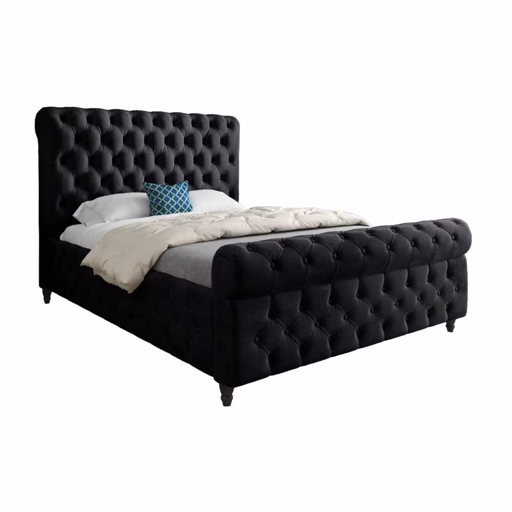 Casani Stenton Chesterfield Upholstered Sleigh Bed Frame in Black Velvet, W/D/H: 144 x 119 x 200 cm – 2