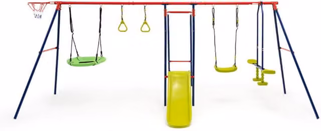 Costway 7-in-1 Kids Swing Set with Slide and 2 Swings in Blue and Multicolour