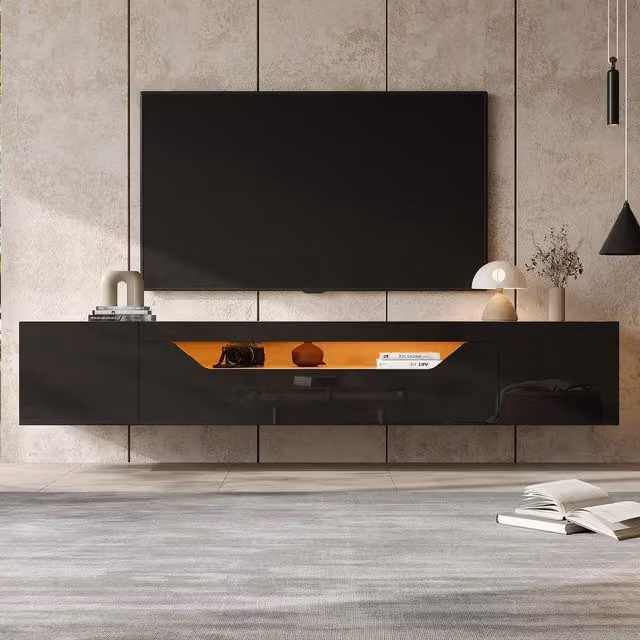 Aosom UK Black Floating TV Stand with App-Controlled LED Strip and Pull-Down Door, W: 180 cm, D: 37 cm, H: 36 cm – 1