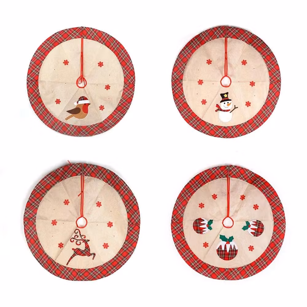 Shatchi Christmas Tree Skirt with Snowflake Printed Pattern in Brown Burlap Hessian Linen, 4-Piece Set – 2