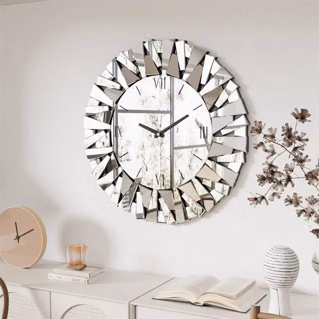 FLAVORA Sunburst Silent Decorative Mirror Wall Clock in Silver, Diameter: 80 cm – 1