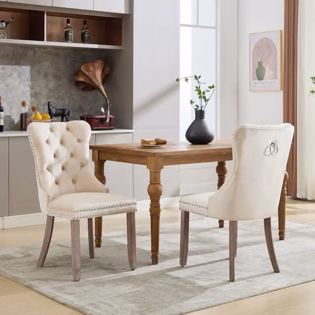 BTM Modern Set of 4 Beige Velvet Dining Chairs with Rubberwood Legs