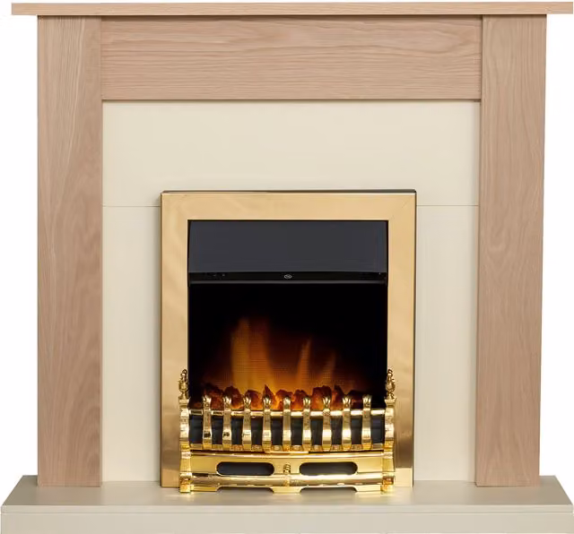 Adam Fires & Fireplaces Southwold Fireplace in Oak and Cream with Blenheim Electric Fire in Brass and Metallic Gold – 1