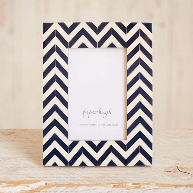 Paper High Mango Wood Chevron Patterned Photo Frame in Navy Blue and White, Fits a 6x4 Inch Photo