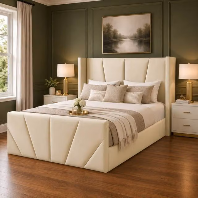 Desire Deco Carson Luxury Wingback Upholstered Bed Frame in Beige, Super King Size (W: 200 cm, D: 200 cm)