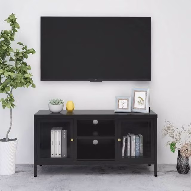 Berkfield Home Modern TV Cabinet in Black with Steel and Glass, W: 105 cm, D: 35 cm, H: 52 cm – 1