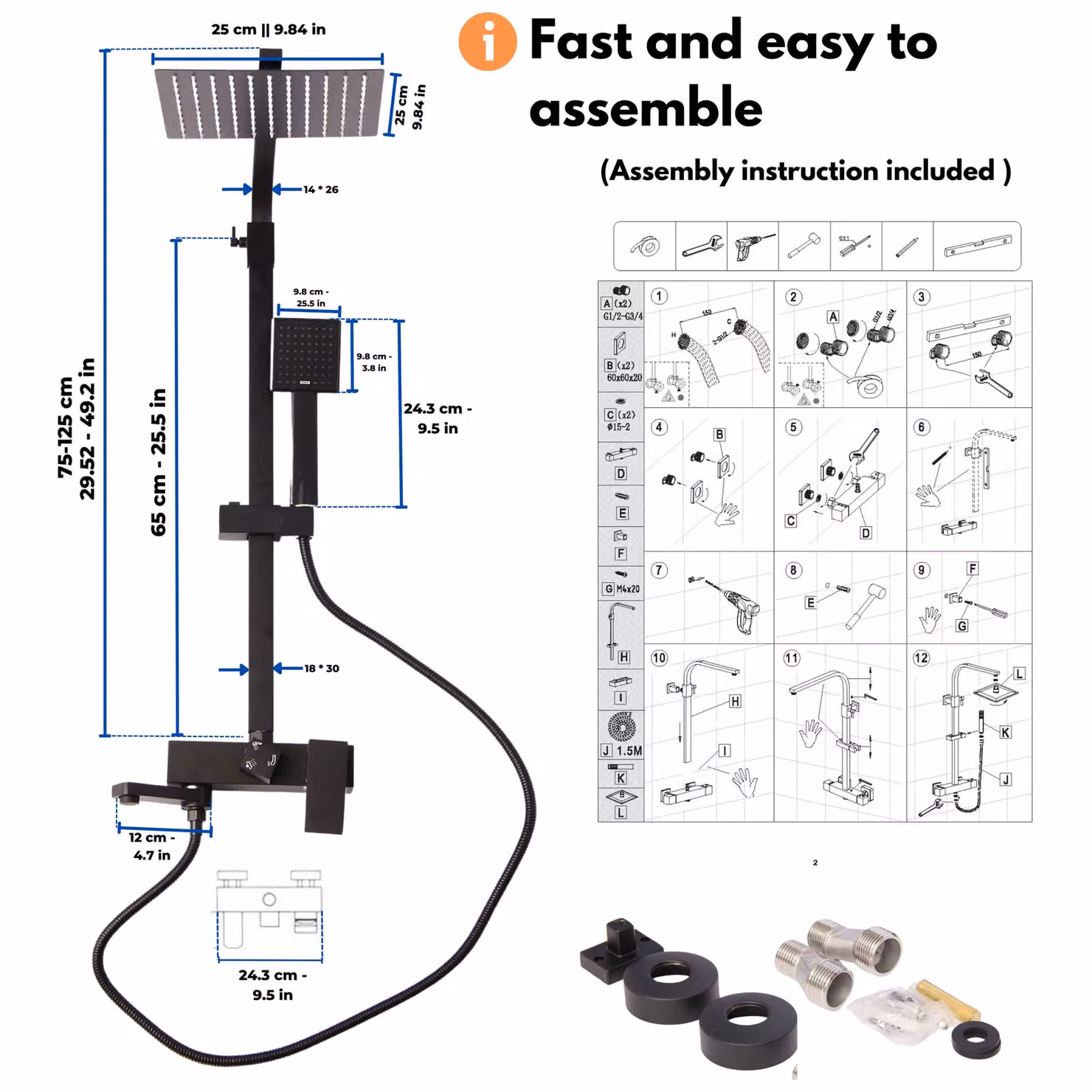 Novecrafto Modern Shower Mixer Set in Matt Black with Rainfall Overhead Shower, Handheld Shower and Wall Bar – 3