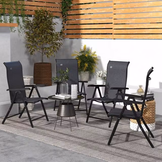 Outsunny Set of 4 Grey Outdoor Rattan Folding Chairs with Adjustable Backs