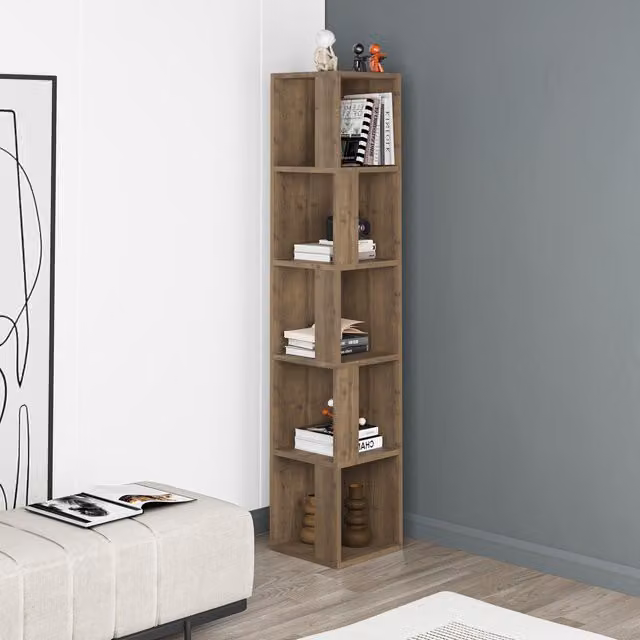 HOCUS PICUS 5-Tier Modern Corner Bookcase in Multicolour and Brown, H 158.9 cm x W 31.4 cm x D 31.4 cm