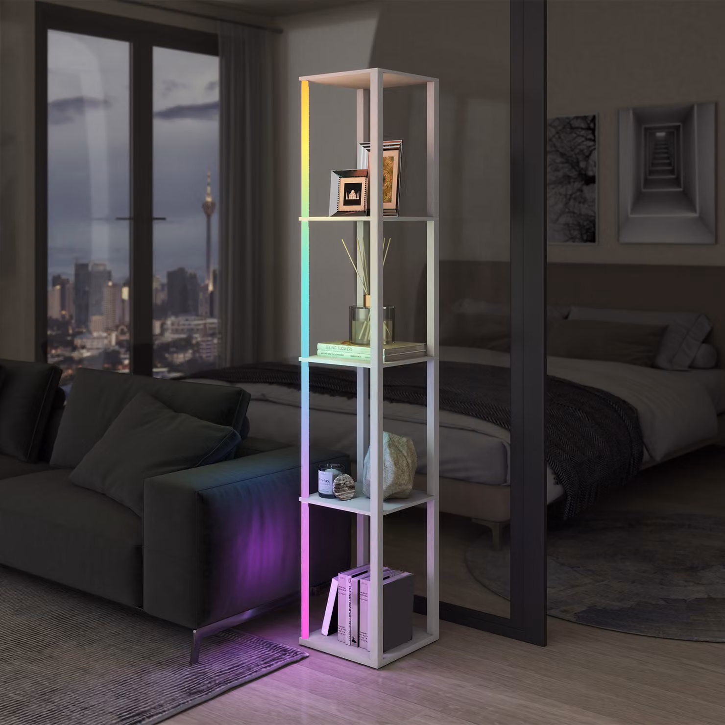 HOMCOM RGB LED Floor Lamp with Shelves, Modern Dimmable Standing Lamp with Remote Control, White – 6