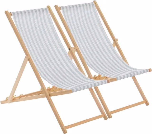 Harbour Housewares Set of 2 Folding Wooden Deck Chairs in Sage Grey Stripe