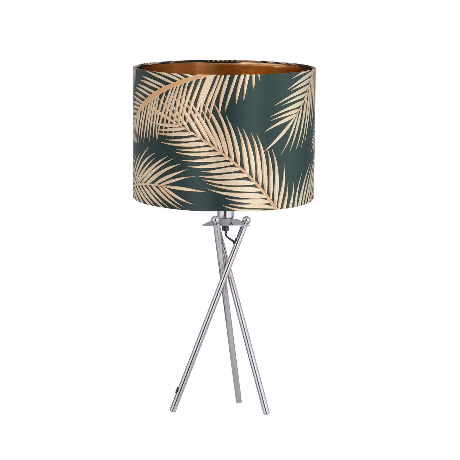 First Choice Lighting Tropica Set of 2 Chrome Tripod Lamps with Green and Gold Fabric Shades – 2