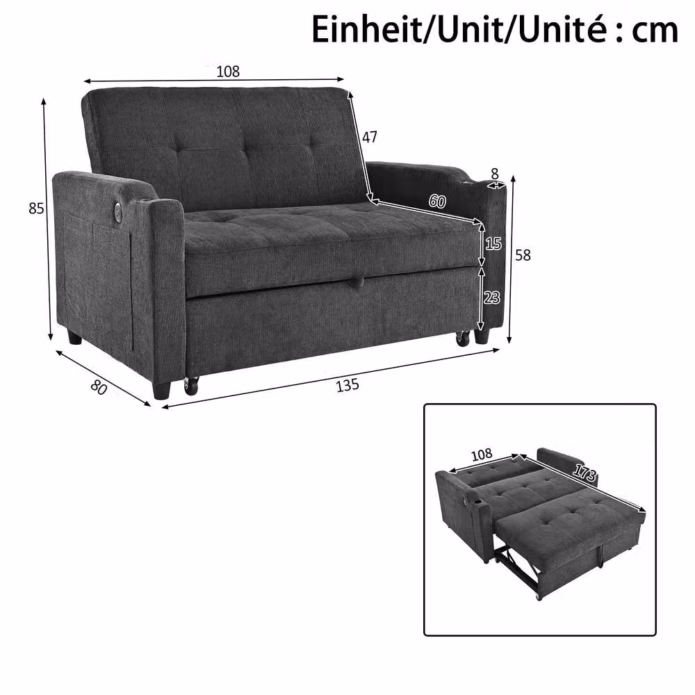 Merax 2-Seater Pull-Out Fabric Sofa Bed with Cup Holders and USB Charging in Grey, W/D/H: 173 x 41 x 58 cm – 2