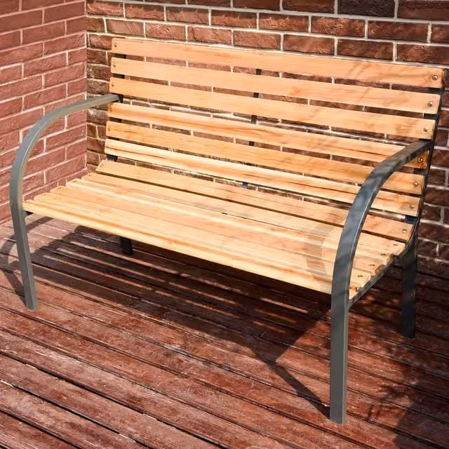 Birchtree Industrial 2 Seater Garden Bench with Wooden Slats and Metal Frame in Brown and Beige
