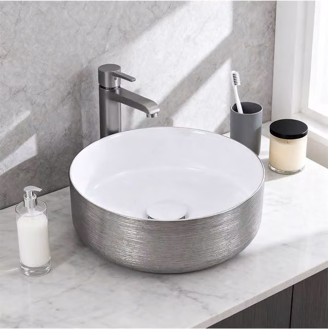Living and Home Round Ceramic Countertop Vessel Washbasin Sink in Silver – 1