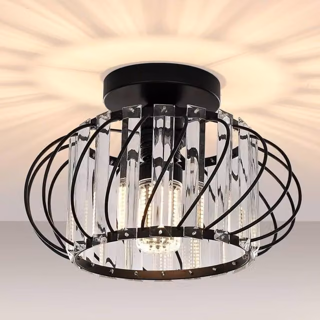 COMELY Modern Black Crystal and Metal Ceiling Light Chandelier with E27 Bulb Holder – 1