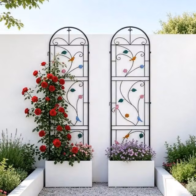 FLAVORA 2 Pack Metal Garden Trellis with Multicolour Bird Support in Black, W: 100 cm, D: 15 cm, H: 214 cm – 1