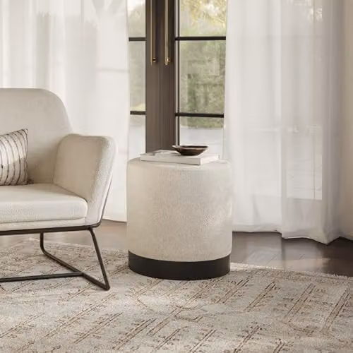 Lemon Pavilion Furniture Lara Small Cylindrical Pouffe in Ivory, Black and White Bouclé Fabric, W: 41.5 cm, D: 41.5 cm, H: 44 cm