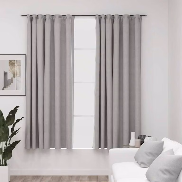 Berkfield Grey Linen-Look Blackout Curtains with Hooks, 2 Pack, W: 140 cm, H: 175 cm
