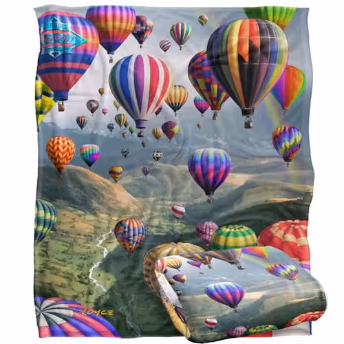 JQ Licensing Royce Mcclure Hot Air Balloon Sky Roads Super Soft Fleece Throw Blanket, White and Multicolour, W/D/H: 152 x 127 cm