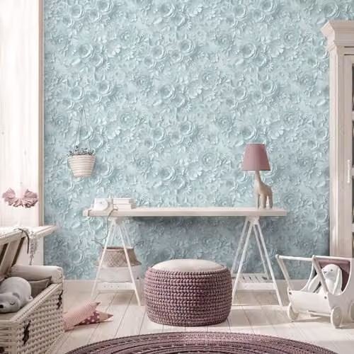 Muriva My Kingdom 3D Textured Origami Flowers Wallpaper in Petrol Blue