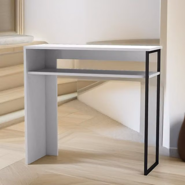 Pirlo Plush 2 Tier White Console Table with Steel Frame and Wood Shelves – 1