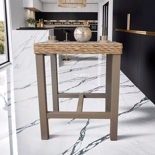 FWStyle Large Square Bar Table in Greywash Painted Solid Reclaimed Pine with Natural Rattan