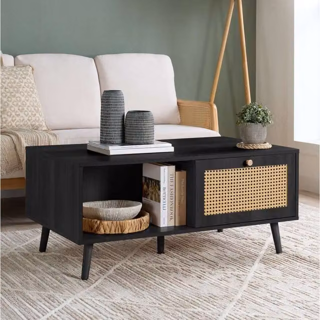 Birlea Modern Black Oak and Rattan Square Coffee Table