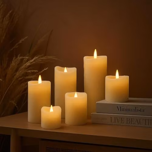 Marco Paul Interiors 6-Pack Battery Operated LED Flameless Flickering Pillar Candles in Warm White Real Wax with Timer – 2