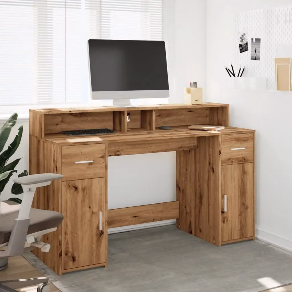 Berkfield Modern Gaming Desk with LED Lights in Artisan Oak Brown, W/D/H: 140 x 55 x 91 cm – 4