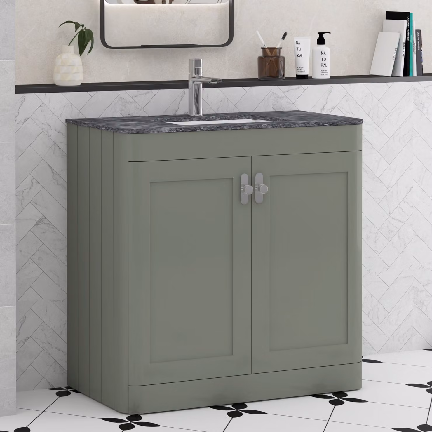 Royal Bathrooms Henley 800mm Sage Green Floor Standing 2 Door Vanity Unit with Black Star Stone Top and Chrome Knob