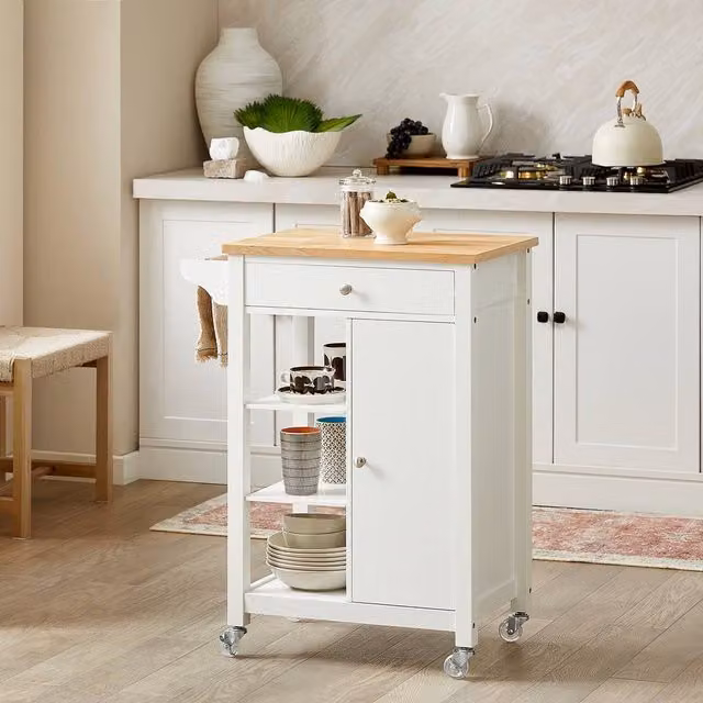 SoBuy Modern Kitchen Trolley with Wood Top in White