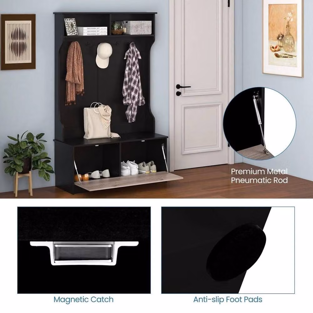 KORVIXA 3-in-1 Modern Hall Tree with Bench and Coat Rack Stand in Matt Black, H 160 x W 100 x D 90 cm – 4