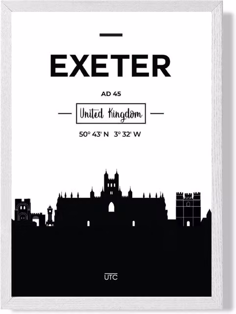 ARTZE Exeter Black and White City Skyline Framed Paper Poster Print in White Frame, A2