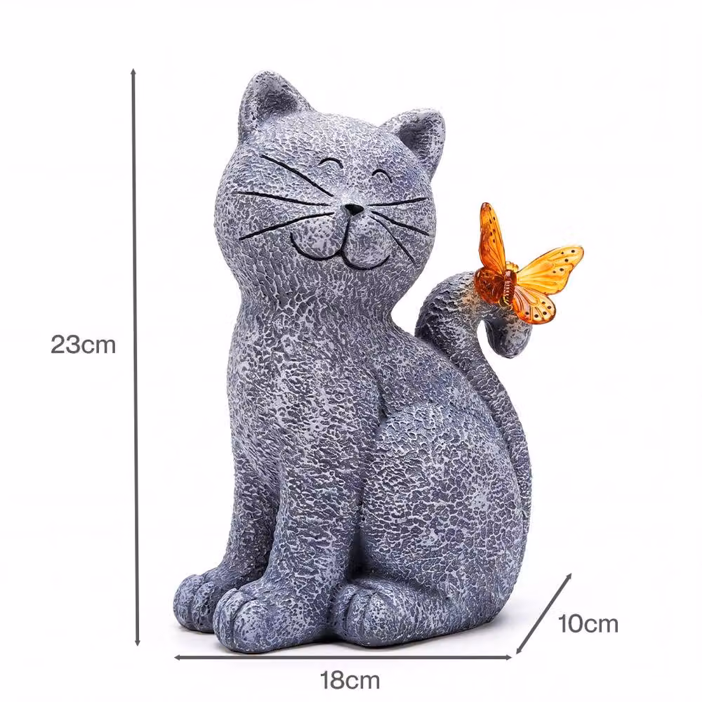 Emitto Cat Garden Ornament Solar LED Outdoor Resin Decor in Grey and Orange – 3
