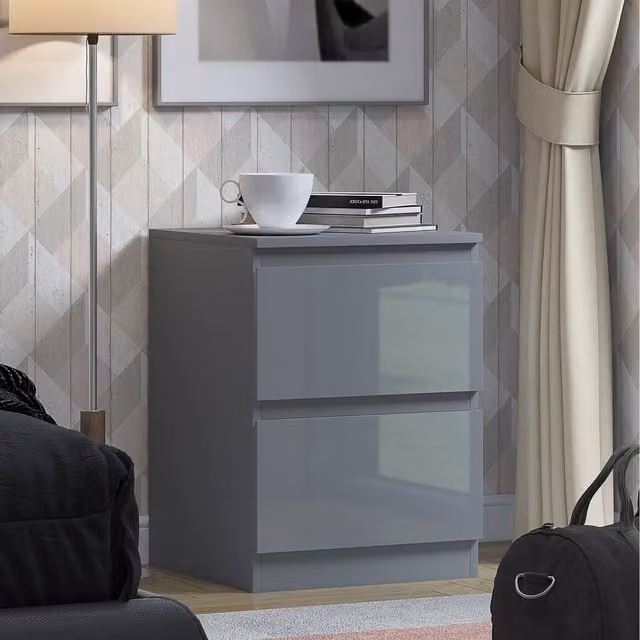 FWStyle Modern High Gloss 2 Drawer Bedside Table in White and Grey
